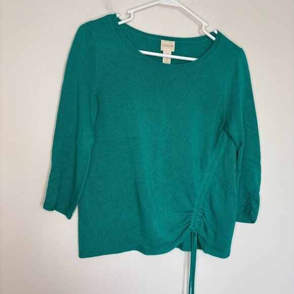 Chico's Sweaters - CHICO'S Long Ruched Sleeve Drawstring Knit Sweater Womens S Petite Green Stretch
